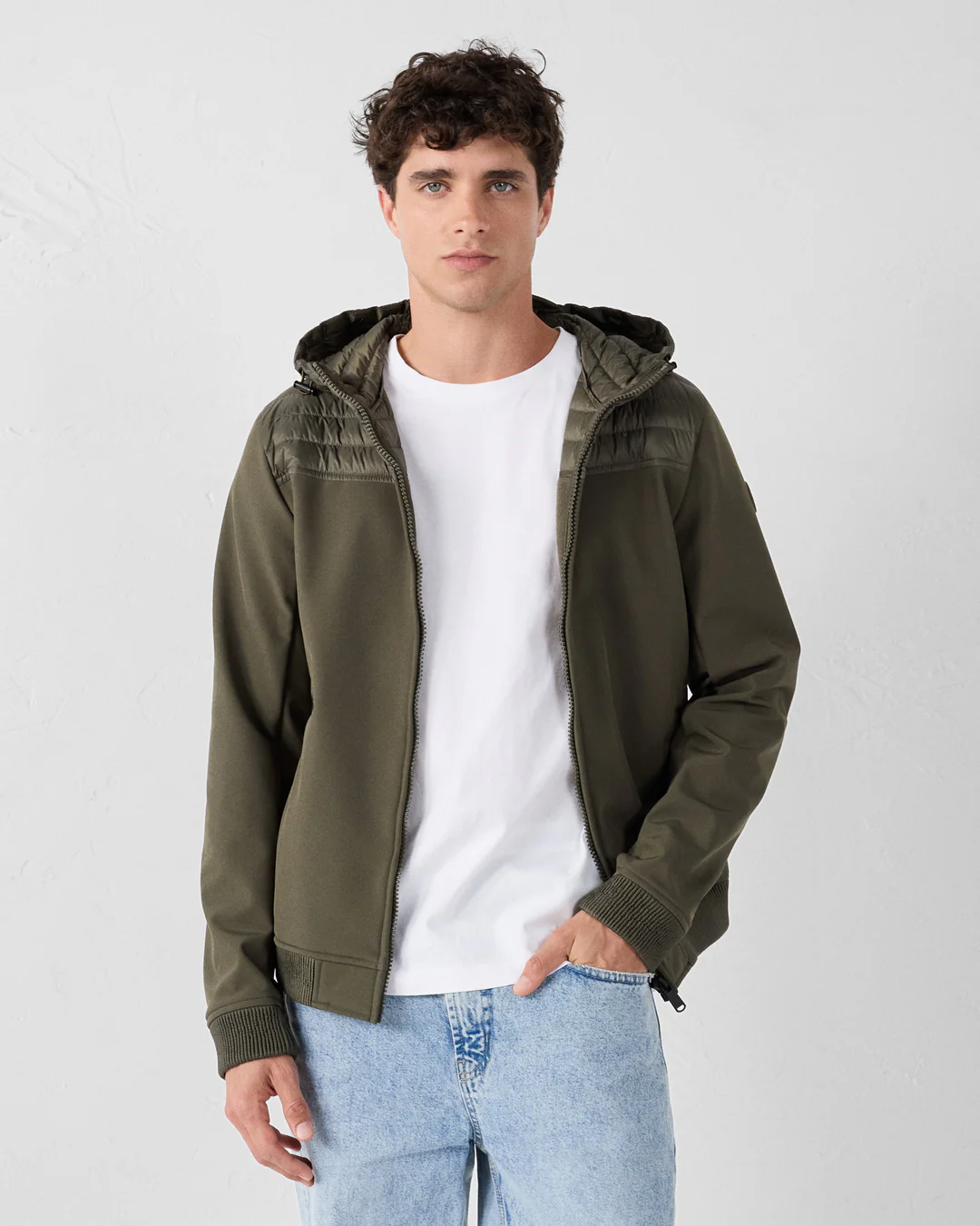 Daunenjacke aus zwei Materialien, Softshell, Army